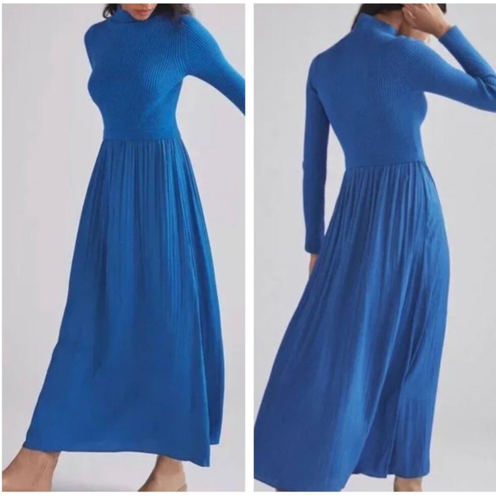 NEW Anthropologie The Thea Twofer Sweater Maxi Dress‎ Mock Turtle Neck M Blue